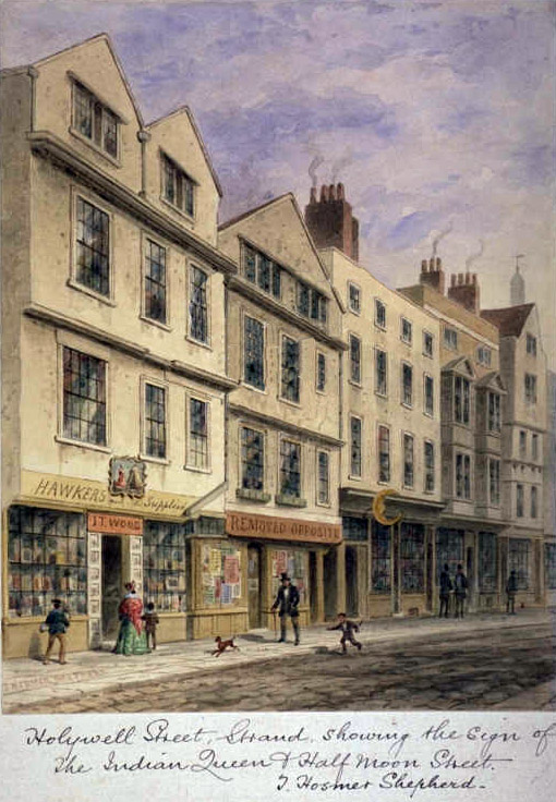 Holywell Street by Thomas Hosmer Shepherd, 1864. Via Wikimedia Commons.
