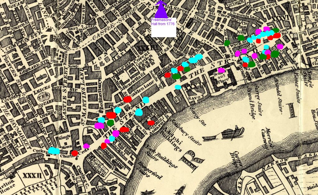 Excerpt from a reproduction of John Evans’ A new and accurate plan of the Cities of London and Westminster and Borough of Southwark etc 1799, annotated to indicate lodges meeting in premises identified as being sited in or around the Strand between 1725 and 1825. More than one lodge might have met at a single venue over time.