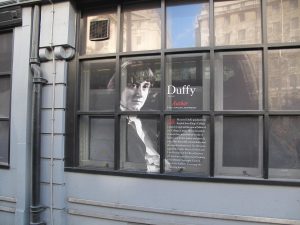 Maureen Duffy depicted in the windows of the King's Strand Campus © Christine Ayre