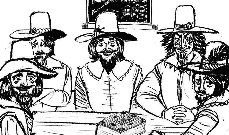 The Gunpowder Plotters meeting at the Duck and Drake, as rendered by Maz Hemming.
