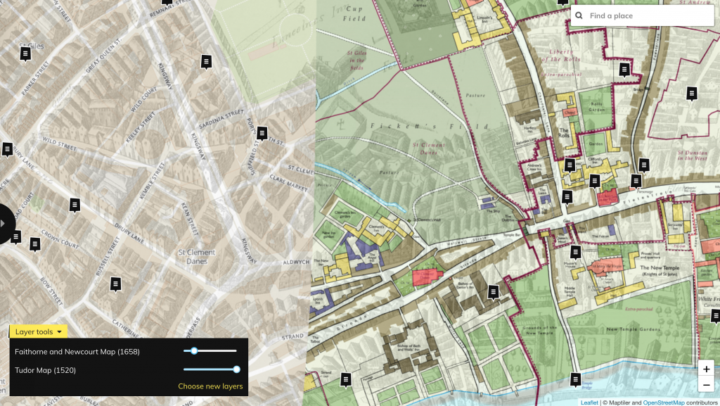 Faithorne Newcourt and Tudor Map layered together