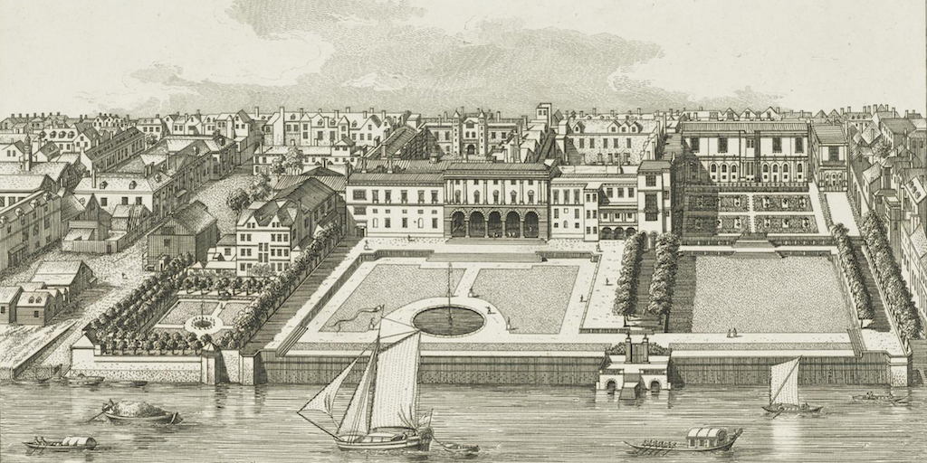 Somerset House c.1720 by Leonard Knyff. Etching illustration from 'The Antiquities of Westminster', 1808. Creative Commons via National Galleries Scotland.
