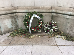 Memorial flowers at the Gladstone monument, St Clements Courtyard. London History Day, 30 May 2019.