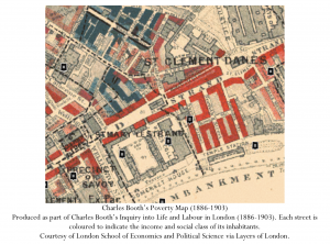 Charles Booth’s Poverty Map (1886-1903) Produced as part of Charles Booth’s Inquiry into Life and Labour in London (1886-1903). Each street is coloured to indicate the income and social class of its inhabitants. Courtesy of London School of Economics and Political Science via Layers of London.