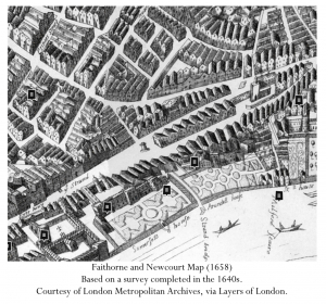 Faithorne and Newcourt Map (1658) Based on a survey completed in the 1640s. Courtesy of London Metropolitan Archives, via Layers of London.