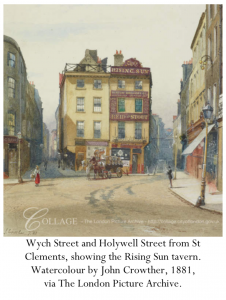 Wych Street and Holywell Street from St Clements, showing the Rising Sun tavern. Watercolour by John Crowther, 1881, via The London Picture Archive.