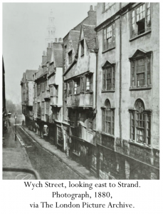 Wych Street, looking east to Strand. Photograph, 1880, via The London Picture Archive.