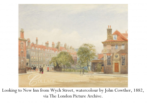 Looking to New Inn from Wych Street, watercolour by John Cowther, 1882, via The London Picture Archive