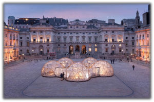 The Somerset House courtyard, with Michael Pinsky's Pollution pods, April 2018.