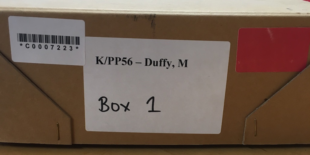 Maureen Duffy in the King's Archives, K/PP56, Box 1.