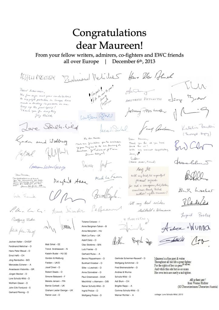Signatures and well wishes from friends and colleagues at the European Writers' Council.