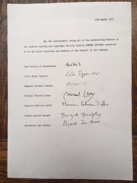 Signatures of the founding members of the Authors' Lending and Copyright Society.