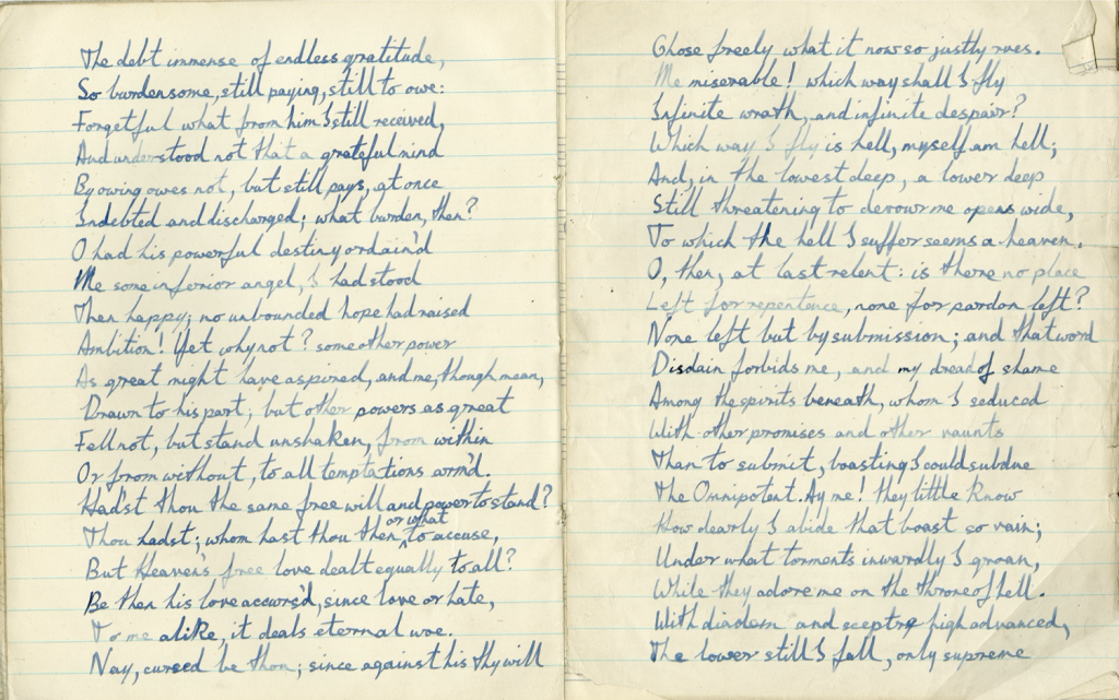 Paradise Lost, Book IV, transcribed by Duffy. From one of Duffy's school exercise books.