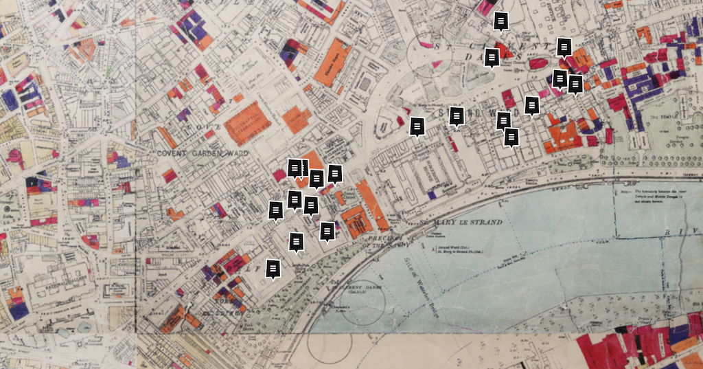 Map of the Strand area showing Bomb Damage 1945 via London Metropolitan Archives, and the Layers of London site.