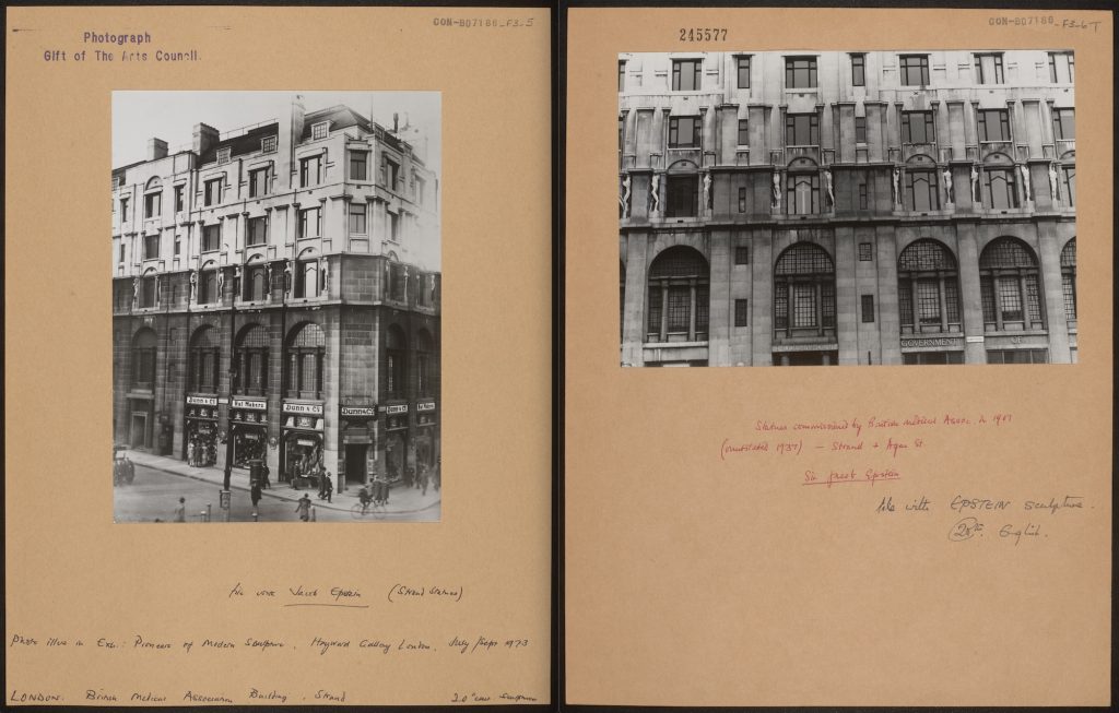 Left: View of the BMA building on the corner of the Strand (CON_B07186_F003_005). Right: The statues after 1937 (CON_B07186_F003_006). The Courtauld Institute of Art. CC-BY-NC.