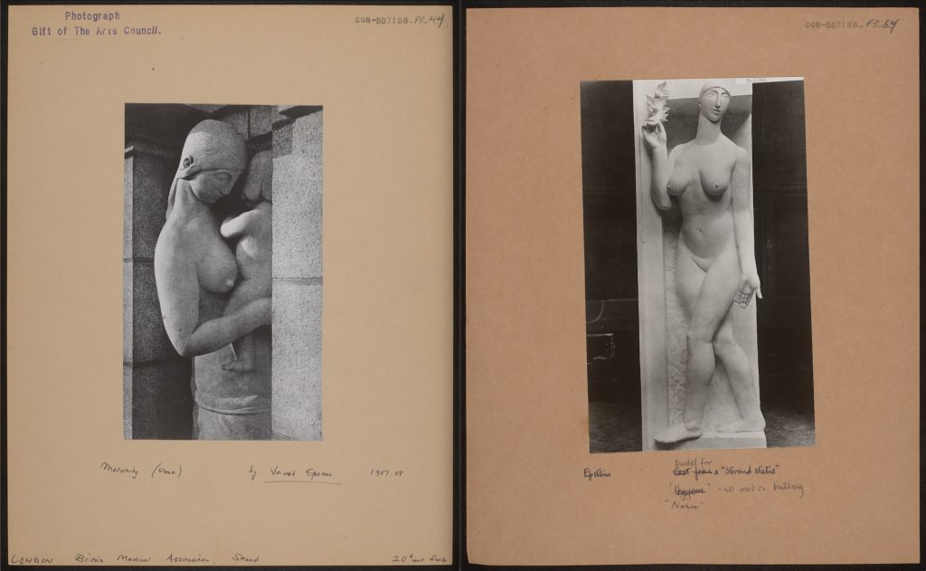 Left: “Maternity” in situ on the Strand (CON_B07186_F003_044). Right: Cast for “Nature” destroyed after rejection by the architects in 1907 (CON_B07186_F003_054). The Courtauld Institute of Art. CC-BY-NC.