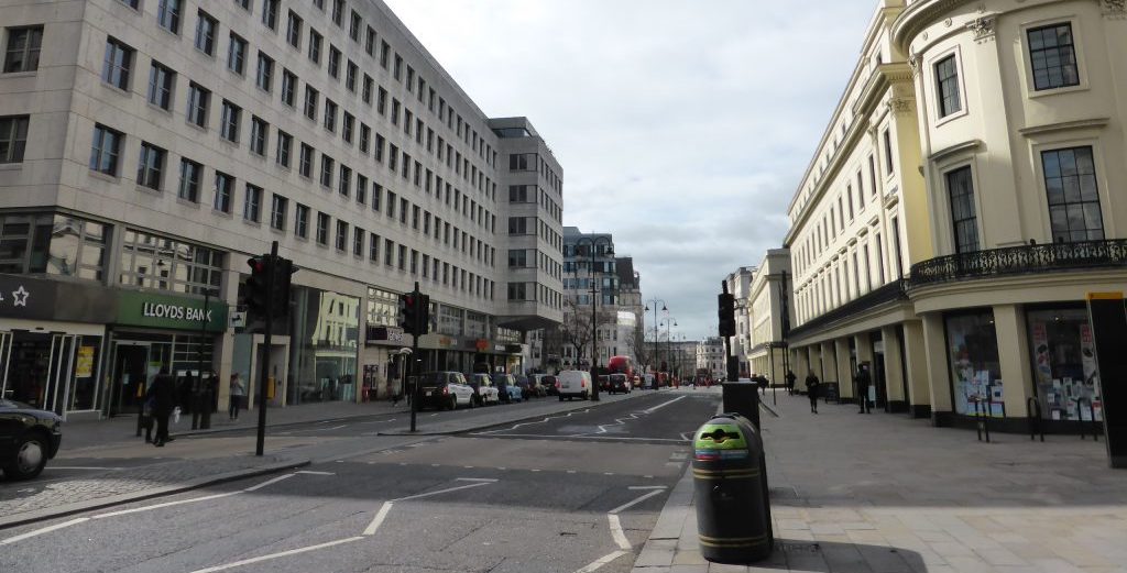 Strand looking west toward Trafalgar Square, 17 March 2020, by Clare Brant.