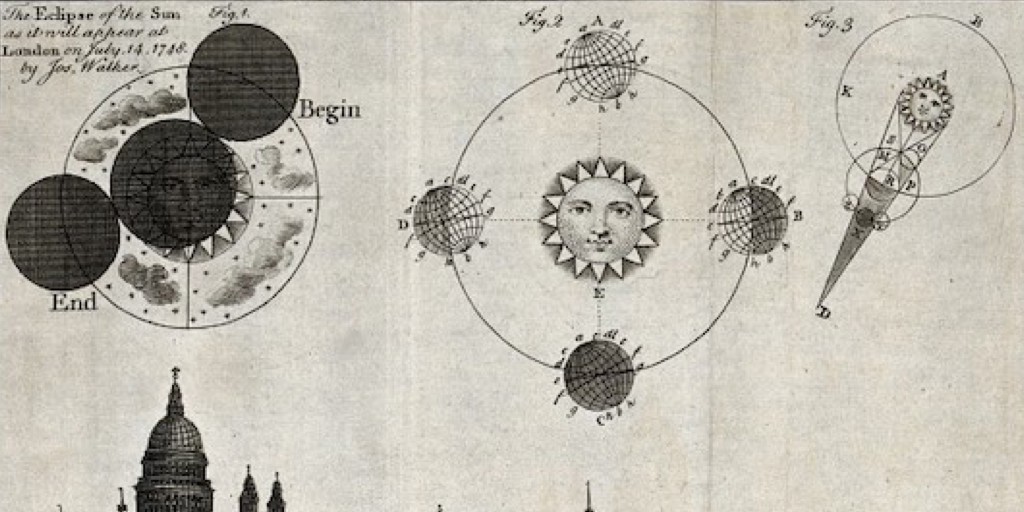 V0024734 Astronomy: a view of London in 1748, with diagrams of an eclipse.
Credit: Wellcome Library, London. 

Shared under Creative Commons Attribution only licence CC BY 4.0.