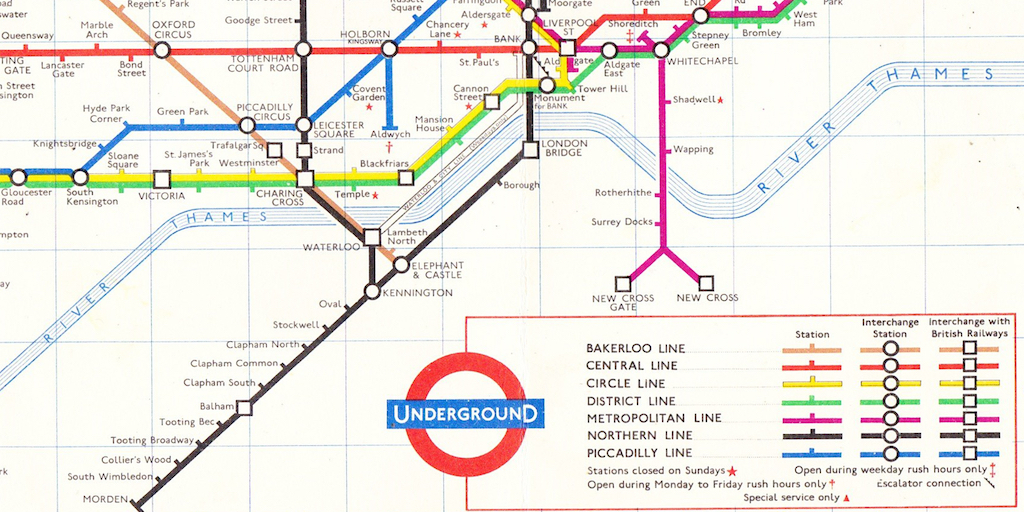 Detail of the 1963 London Underground map, showing Aldwych tube station as a branch of the Piccadilly Line.