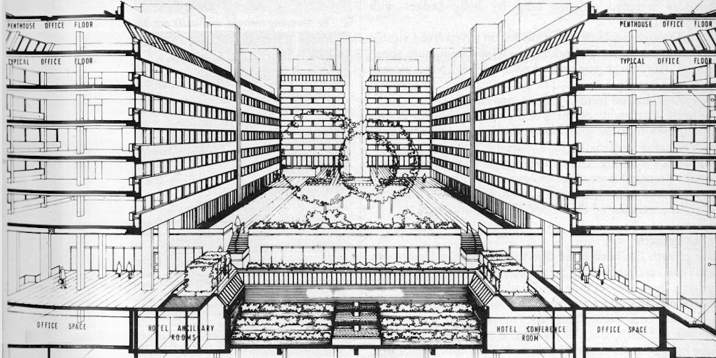 Sectional perspective showing the court of 180 Strand as a roof garden, Frederick Gibberd and Partners, London, AJ Buildings Library (1976)