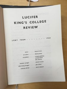 Lucifer magazine, Lent Term 1963. Derek Jarman is listed as Arts Editor. Held at the King's College London Archives, K/SER1/63.