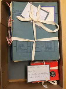 A view into one of the boxes of Maureen Duffy's archive held at King's College London Archive. K/PP56.