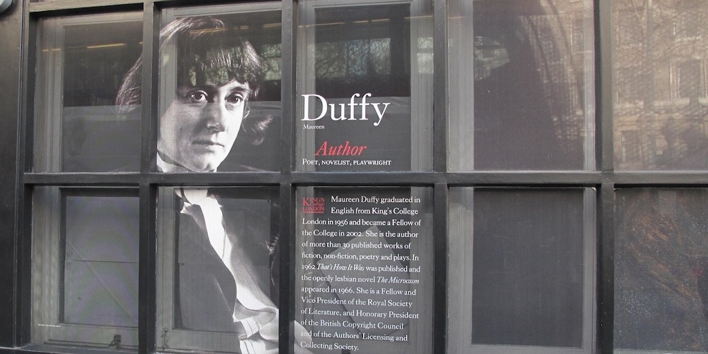 DuffyWindow Maureen Duffy depicted in the windows of the King's Strand Campus © Christine Ayre
