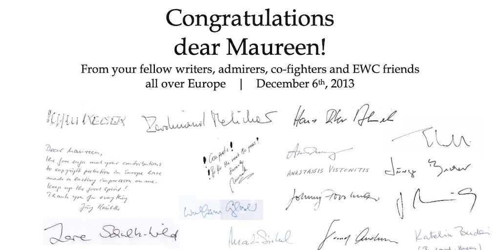 Signatures and well wishes from friends and colleagues at the European Writers' Council.