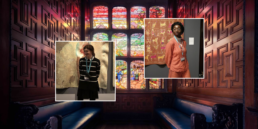 FeatureImageTwoTemplePlace Featured Image: A beautiful stained glass windows at Two Temple Place, and the 'Unbound' exbition duty managers Alice and Kimberley.