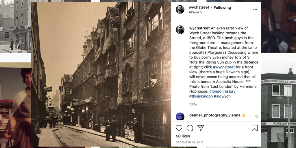 Wych Street looking towards the Strand, c. 1890, from 'Lost London' by Hermione Hobhouse. Shared by @WychStreet, 10 December 2017.