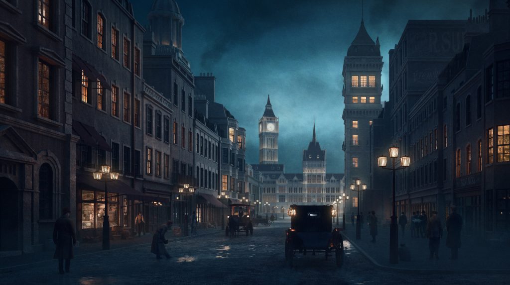 Dimly lit Victorian London street