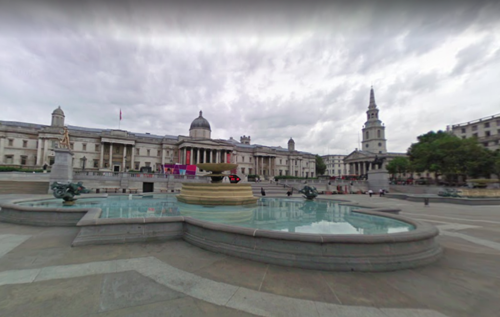 Google Street view of Trafalgar Square, photographed 2019, screenshot by Rob Jarvis.