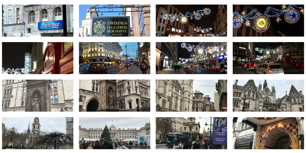A grid of photographs of the Strand taken by reviewers and uploaded to Trip Advisor. The views include Christmas Lights, grand buildings such as the Royal Courts of Justice and Somerset House, and theatre signs.