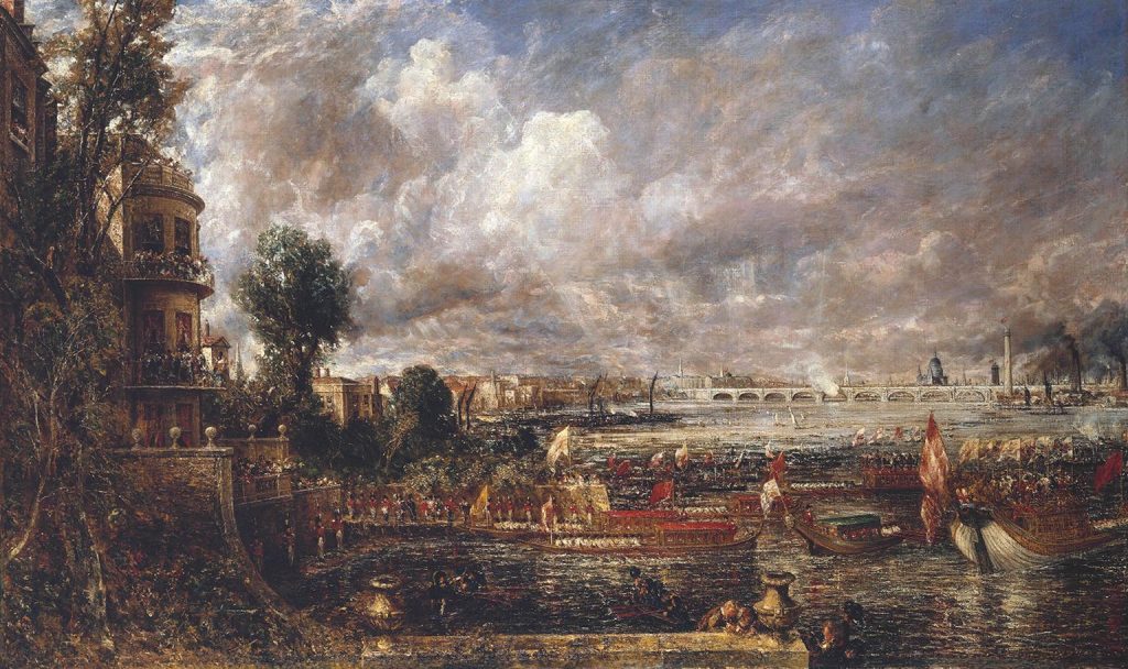 The Opening of Waterloo Bridge ('Whitehall Stairs, June 18th, 1817') exhibited 1832 by John Constable 1776-1837 The Opening of Waterloo Bridge (June 18th, 1817), John Constable, 1832 (Tate Gallery)