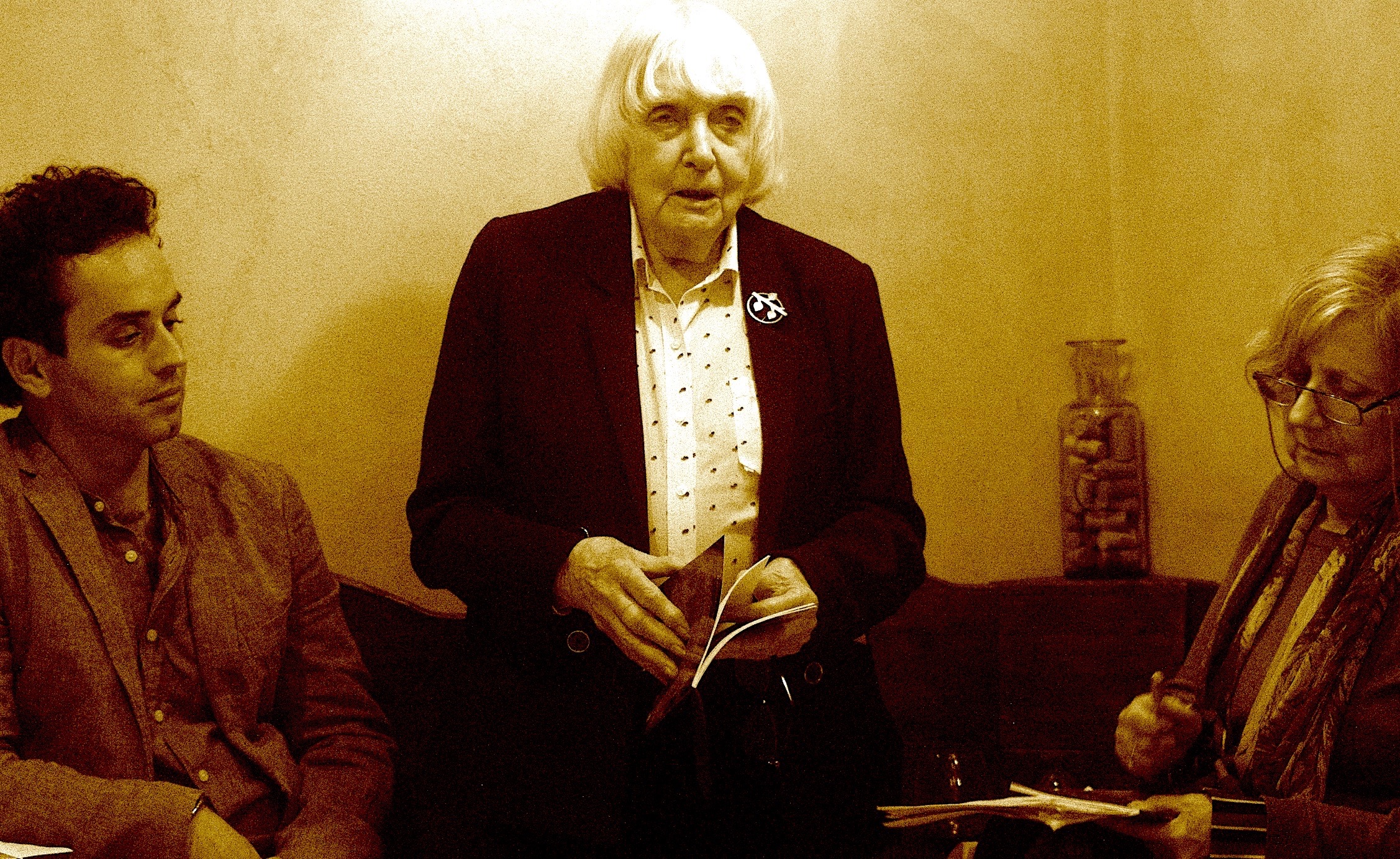 Copyright Cinzia D'Ambrosi 2019. Maureen Duffy reads her poetry at an event hosted by the Writers Union of Italy in association with Alberi Di Maggio, at Rossodisera restaurant, Covent Garden, London, 26th March 2020. Maureen appears in the photo with musician and researcher Massimiliano Di Carlo and translator Anna Maria Robustelli. Copyright Cinzia D'Ambrosi 2019. Maureen Duffy reads her poetry at an event hosted by the Writers Union of Italy in association with Alberi Di Maggio, at Rossodisera restaurant, Covent Garden, London, 26th March 2020. Maureen appears in the photo with musician and researcher Massimiliano Di Carlo and translator Anna Maria Robustelli.