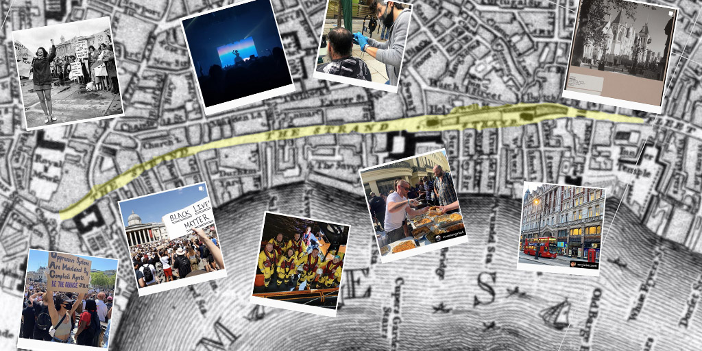The Strand in John Rocque's Map, 1746, Layers of London/ British Library/ MOLA. With added photos from across the years. The Strand in John Rocque's Map, 1746, Layers of London/ British Library/ MOLA. With added photos from across the years.