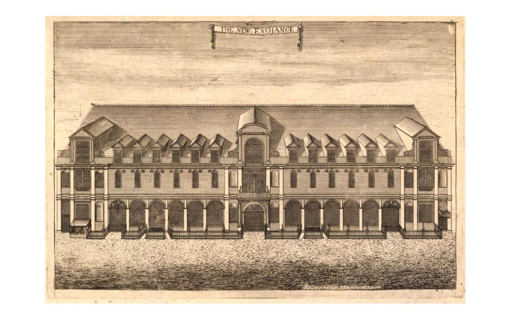 View of the front of the new Exchange, or Britain's Bourse, in the Strand. c.1715. Engraving. Print made by John Harris. From the British Museum collection.