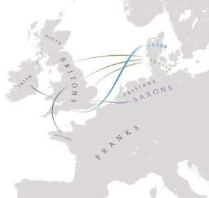 Map depicting the movement of Germanic peoples to Great Britain, including Saxons...
