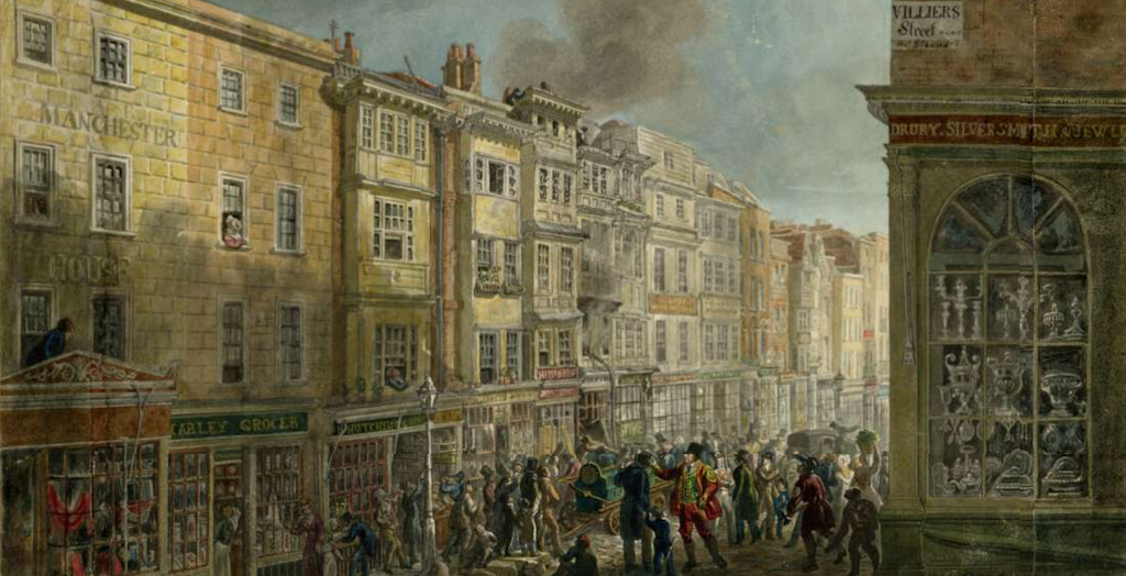 The Strand from the corner of Villiers Street by George Scharf, 1824 (British Museum)