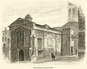 A sketch of the Rolls' House and Chapel on Chancery lane.