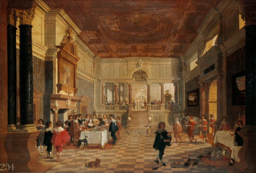 Charles I, Queen Henrietta Maria, and Charles, Prince of Wales dining in public by Gerrit Houckgeest, 1635 (Royal Collection Trust)