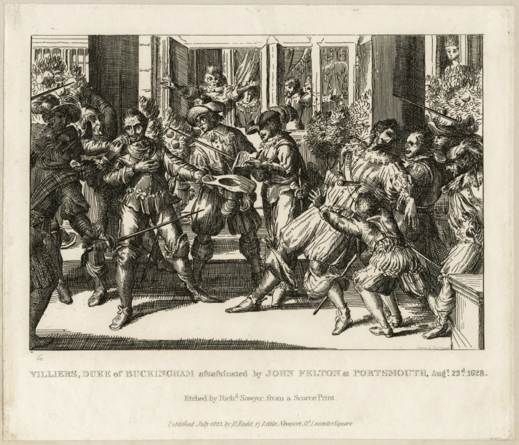 The assassination of George Villiers by John Felton, etching by Richard Sawyer published 1822, National Portrait Gallery.