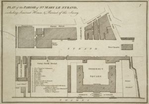 1790 architectural map of St Mary le Strand and surrounding buildings on the Strand, black and white, view from above