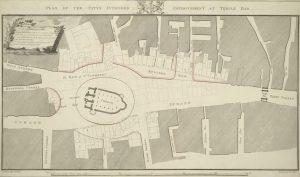 1810 architectural plan of St Clement Danes church and the building around it, view from above