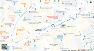 Google map showing walking path between St Mary le Strand and St Clement Danes, tag reading '3 mins'