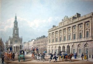 Coloured illustration of St Mary le Strand's facade, also showing Somerset House to its right. Many horse-drawn carriages, carts and horse riders are shown on the street, and ladies and gentlemen talking in groups. 