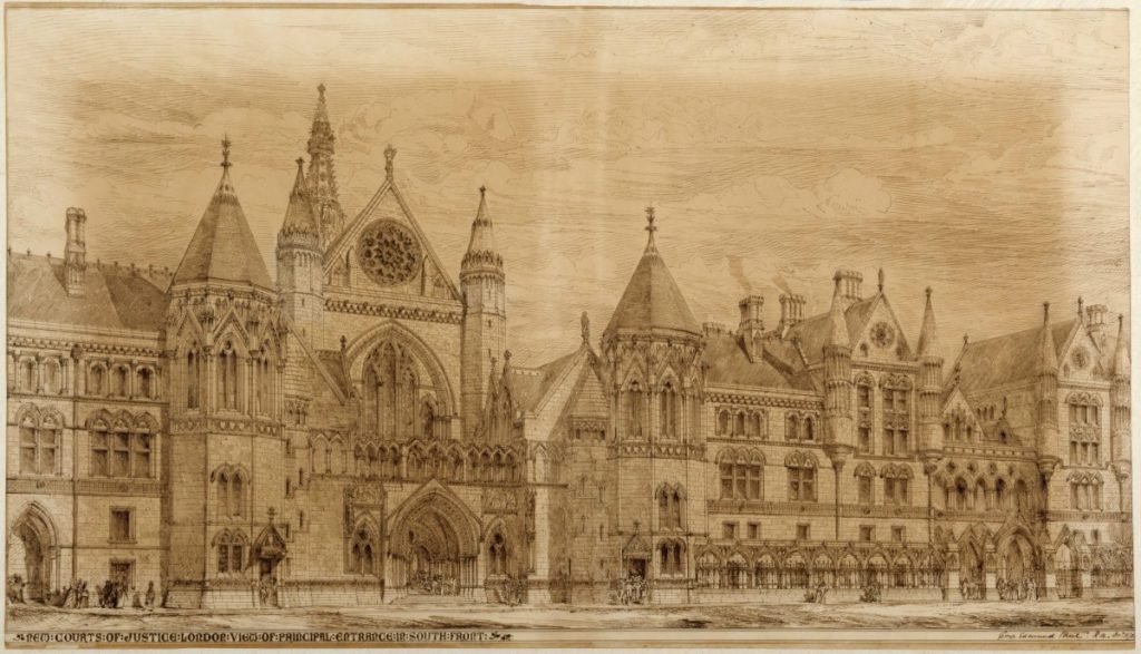 George Edmund Street's design for the Royal Courts of Justice, perspective of the south front entrance. From the Royal Academy of Arts.