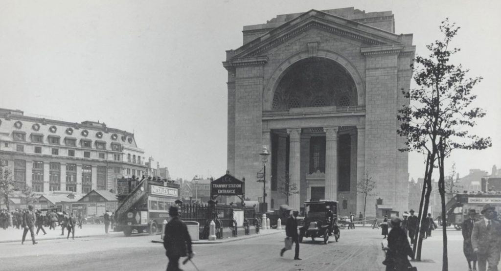 Bush House in early construction; statues are not yet erected
