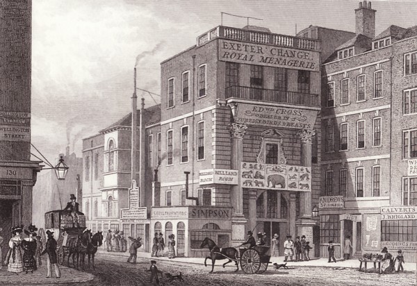Part of the Strand, c. 1825, showing the site of the modern Burleigh House.