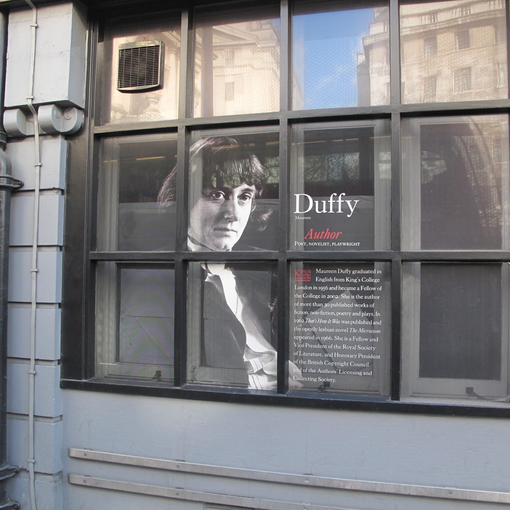 Maureen Duffy depicted in the windows of the King's Strand Campus Maureen Duffy depicted in the windows of the King's Strand Campus © Christine Ayre